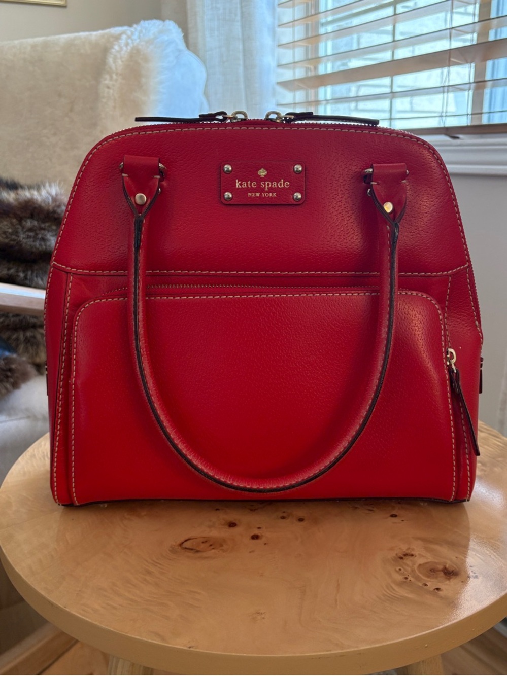 kate spade Red Pebbled Leather Dome Satchel with Top Handles